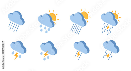 Diverse weather icons set featuring sun, cloud, and rain with lightning