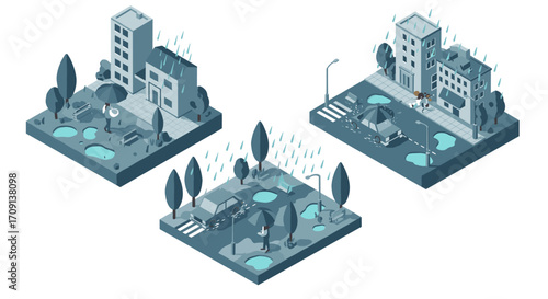 Isometric rainy cityscape with buildings, cars, and people in blue tones