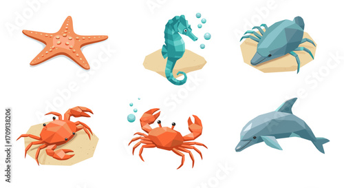 Isometric sea creatures: starfish, seahorse, crabs, dolphin in low poly style