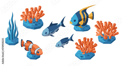 Isometric underwater scene with colorful fish and coral reefs
