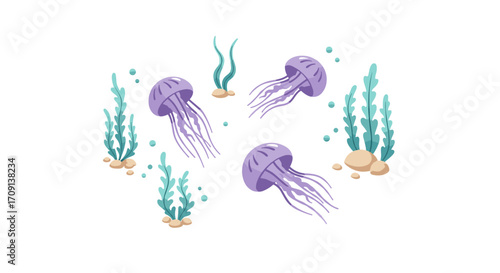 Jellyfish and seaweed in minimalist ocean scene