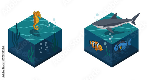 Isometric underwater scene with seahorse and ocean animals