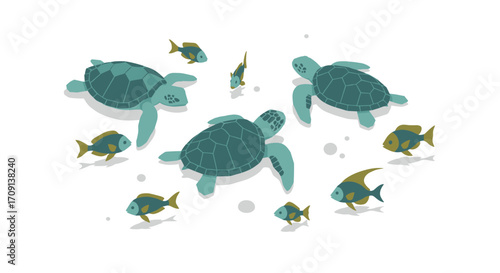 Isometric sea turtles and fish swimming together in ocean