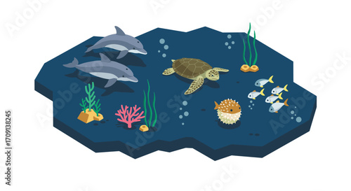 Marine isometric scene with dolphins, turtle, and fish in underwater setting