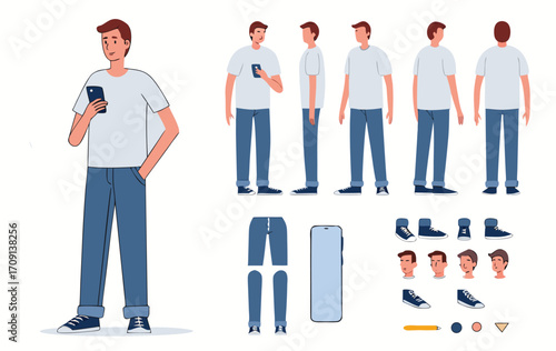 Casual man character constructor for animation. Front, side and back view. Body parts and postures collection. Vector illustration. 
