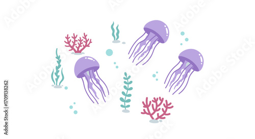 Whimsical marine life with jellyfish and coral in pastel colors on white background