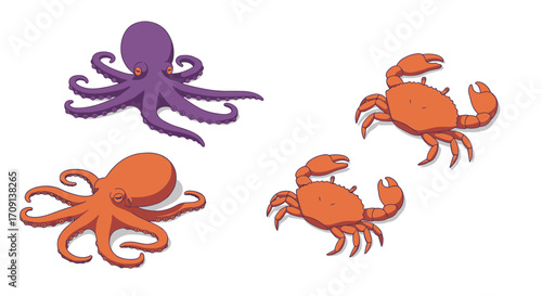 Colorful isometric octopus and crab marine life collection