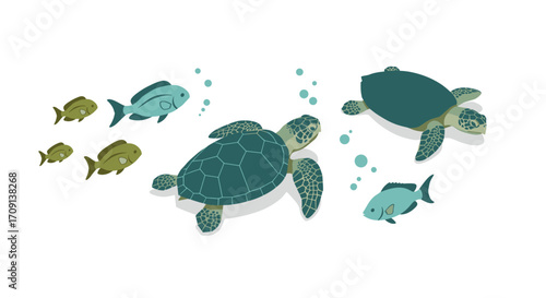 Marine wildlife: sea turtles and fish swimming underwater in flat design