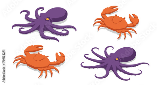 Colorful isometric sea creatures: octopus and crab set for ocean-themed designs
