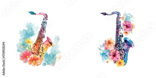 abstract color silhouette of saxophone with flowers watercolor vector illustration