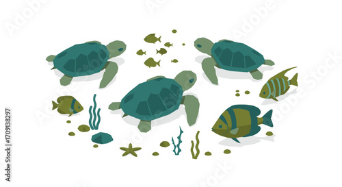 Low poly marine scene with sea turtles and fish in minimalist style