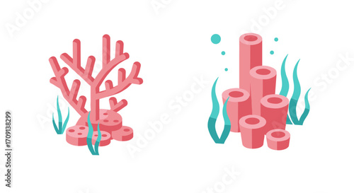 Vibrant isometric coral and seaweed designs for ocean-themed projects