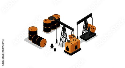 Isometric oil industry equipment with pumpjacks and barrels