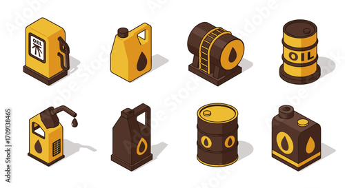 Isometric oil industry icons: gas pump, barrel, fuel container collection