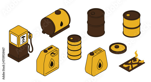 Isometric fuel icons set featuring gas cans and oil drums