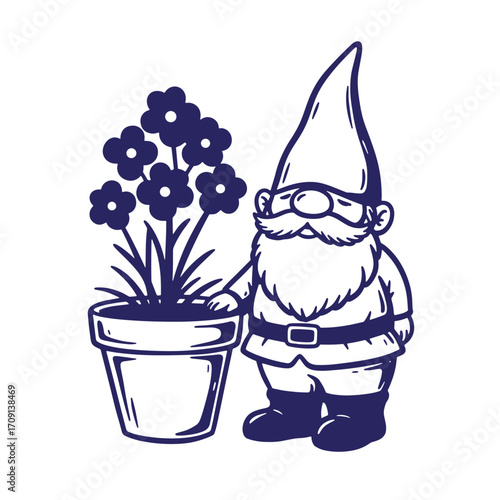 Charming garden gnome admiring vibrant flowers blooming in a decorative flower pot