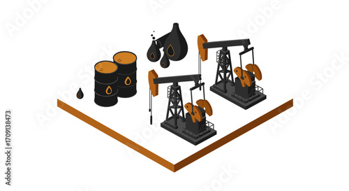 Oil industry elements with pumpjacks, barrels, and oil drops in isometric style