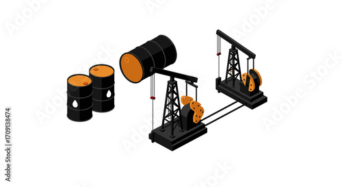 Isometric oil pump jack and barrels: industrial energy concept design