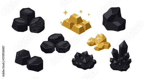 Realistic mineral and crystal collection with coal and gold