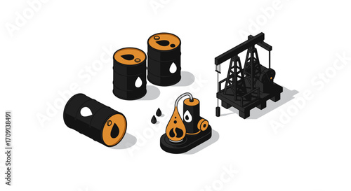 Isometric oil extraction equipment with barrel and pump elements