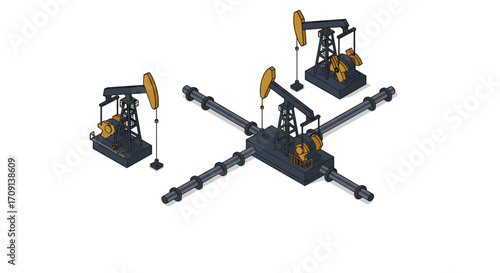 Isometric oil pump jack scene with pipe connections for energy and industry themes