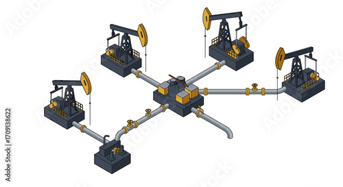 Isometric oil pump network: industrial machinery with pipe connections and extraction rigs