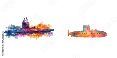 abstract color silhouette of submarine watercolor vector illustration