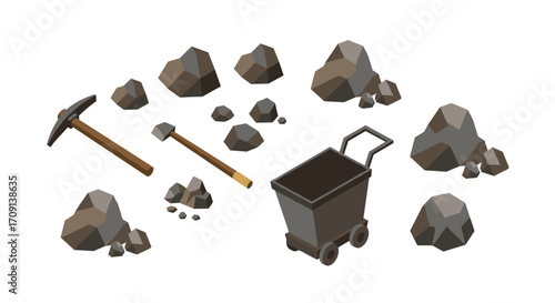 Isometric mining tools and rocks on white background
