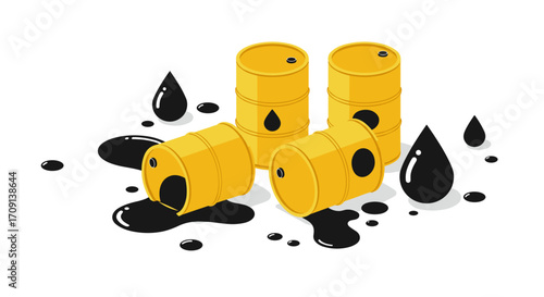 Spilled oil drums with black puddles on white background in isometric style