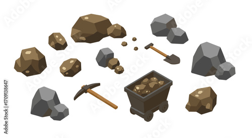 Isometric mining tools and rocks set with shovel, pickaxe, and ore cart