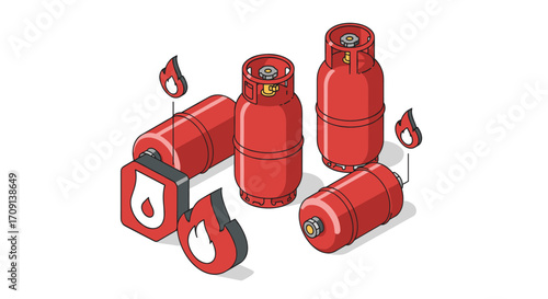 Isometric red gas cylinders with flame icons on white background