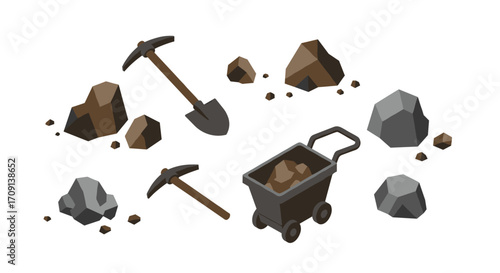 Isometric mining tools with rocks: pickaxe, shovel, and cart on white background