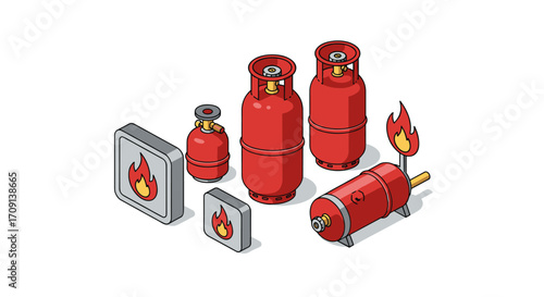 Isometric red gas cylinders and flame icons on white background
