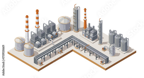 Isometric industrial refinery complex with pipes and storage tanks