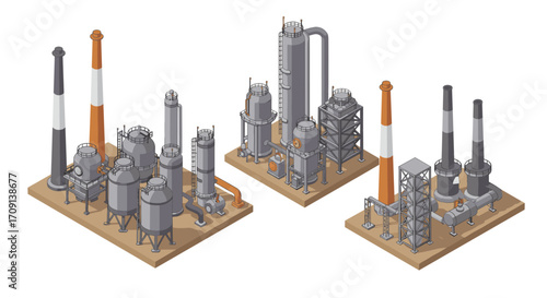 Isometric industrial plant design featuring factory structures and chimneys