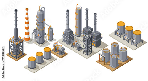 Isometric industrial factory scene with detailed equipment and structures
