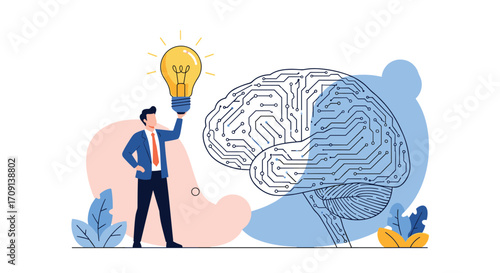 An innovative businessman holding a bright idea light bulb above his head next to a digital brain.