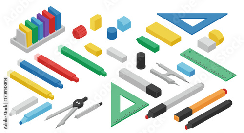 Isometric design of colorful office and school supplies set
