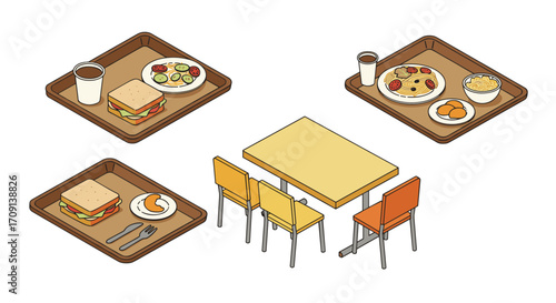 Isometric cafeteria trays and table setup with various meals on white background