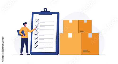 A man is checking his inventory with a clipboard and boxes ready for shipment.