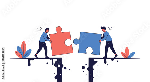 Two people connecting puzzle pieces bridging a gap.