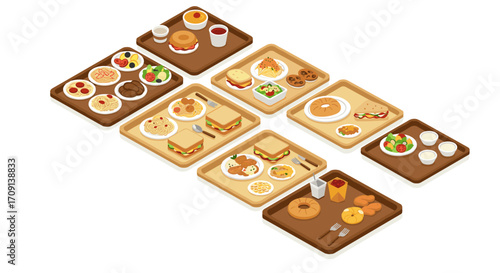 Isometric school lunch trays with diverse meals and snacks for kids