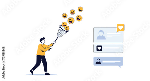 Man catching social media emojis with a net near a comment section.