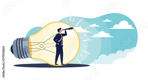 Man with telescope inside a light bulb looking for ideas and opportunities.