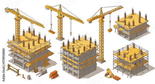 Urban construction site with building crane and equipment in isometric style