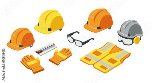 Isometric construction safety gear: helmets, gloves, glasses, vests in yellow and orange