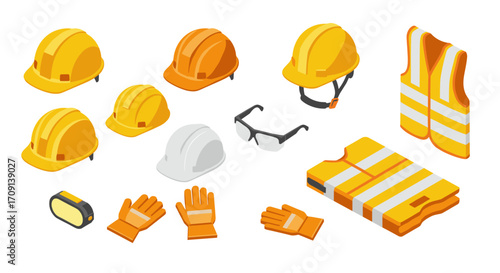Isometric construction safety gear set featuring helmets, vests, and accessories