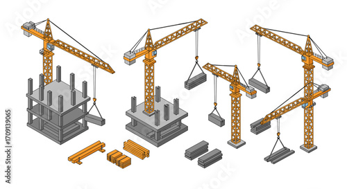 Isometric construction site with tower cranes and building materials