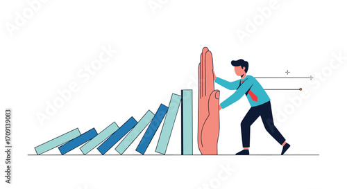 Businessman pushing a wall to stop a falling domino effect.