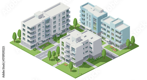 Modern isometric urban apartment buildings with green spaces and trees